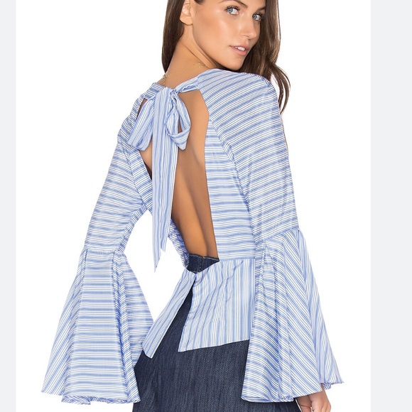 MILLY Luna Stripe Bell Sleeve Peplum Blouse Size 0 Sky Blue - Picture 3 of 7